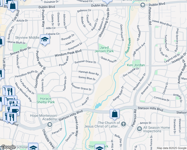 map of restaurants, bars, coffee shops, grocery stores, and more near 6597 Hannah Rose Road in Colorado Springs