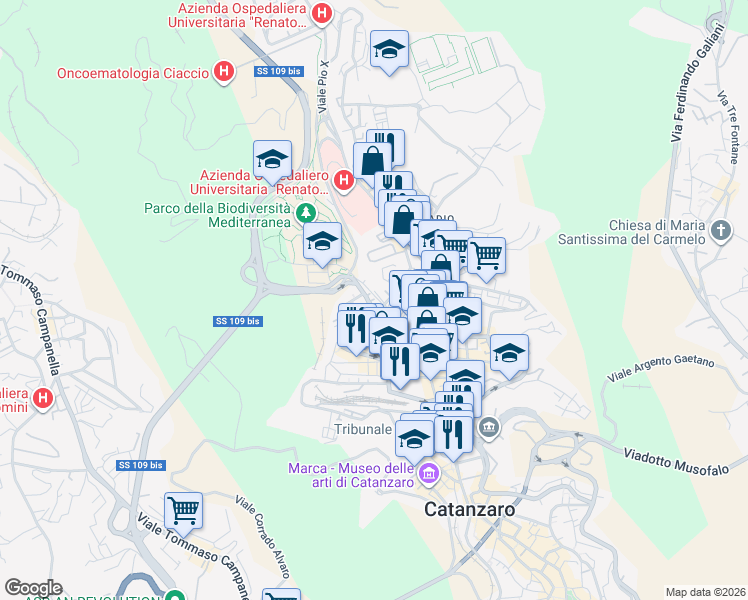 map of restaurants, bars, coffee shops, grocery stores, and more near 1 Via Cortese Vinicio in Catanzaro
