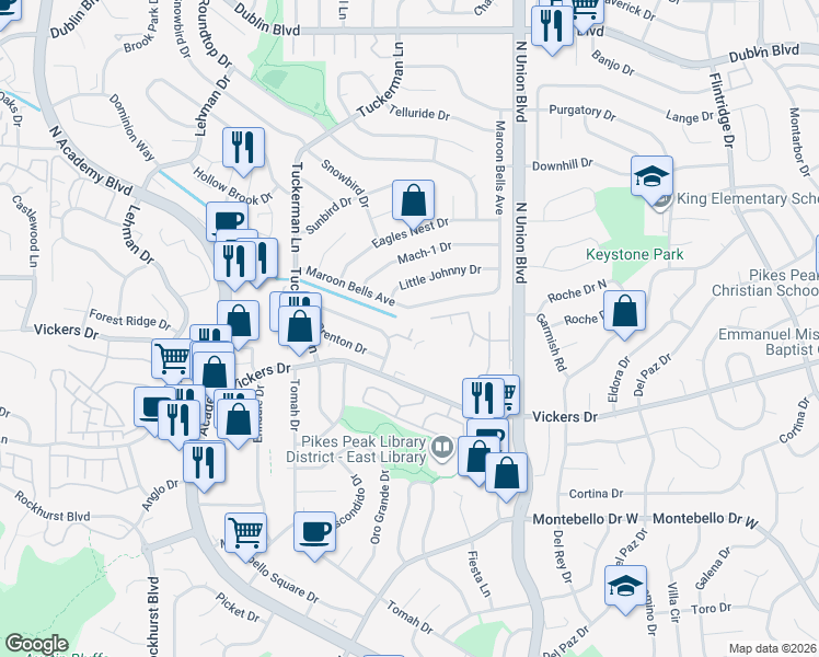 map of restaurants, bars, coffee shops, grocery stores, and more near 2662 Lynbarton Point in Colorado Springs
