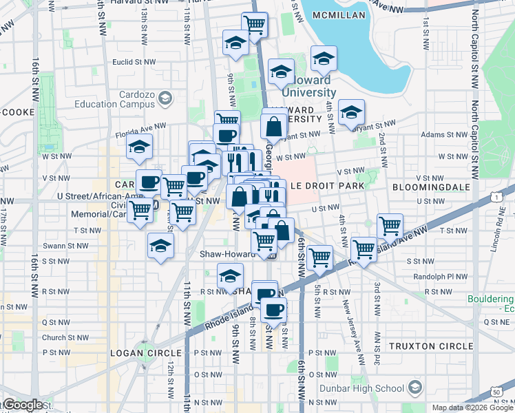 map of restaurants, bars, coffee shops, grocery stores, and more near 725 Florida Avenue Northwest in Washington