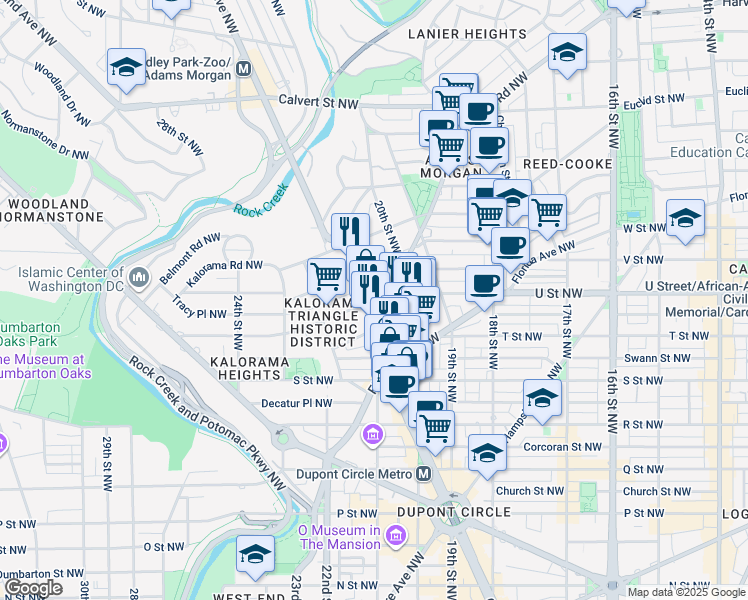 map of restaurants, bars, coffee shops, grocery stores, and more near Connecticut Avenue Northwest & California Street Northwest in Washington