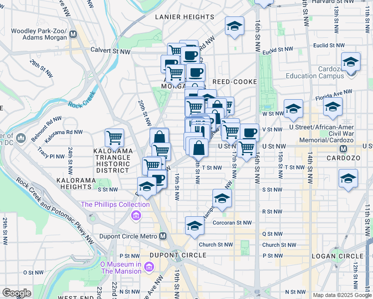 map of restaurants, bars, coffee shops, grocery stores, and more near 1822 Vernon Street Northwest in Washington