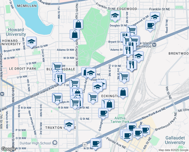 map of restaurants, bars, coffee shops, grocery stores, and more near 113 U Street Northeast in Washington