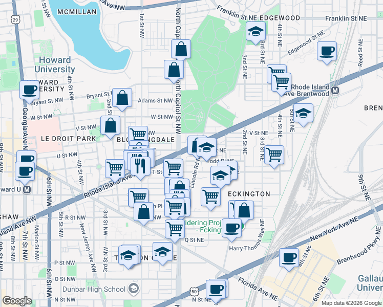 map of restaurants, bars, coffee shops, grocery stores, and more near 101 Independence Avenue Southeast in Washington