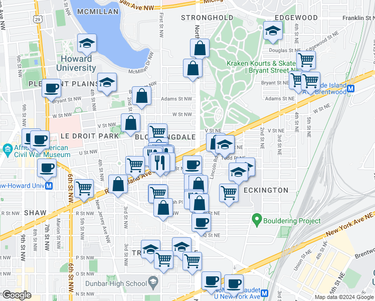 map of restaurants, bars, coffee shops, grocery stores, and more near 17 Rhode Island Avenue Northwest in Washington