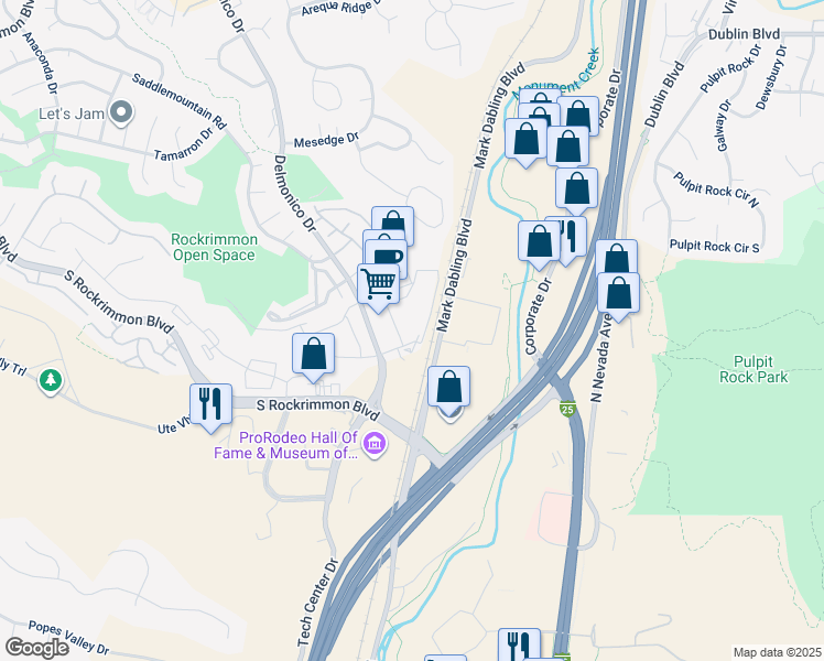 map of restaurants, bars, coffee shops, grocery stores, and more near 144 Walsh Point Drive in Colorado Springs