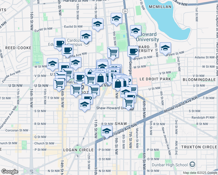 map of restaurants, bars, coffee shops, grocery stores, and more near 1947 Vermont Avenue Northwest in Washington