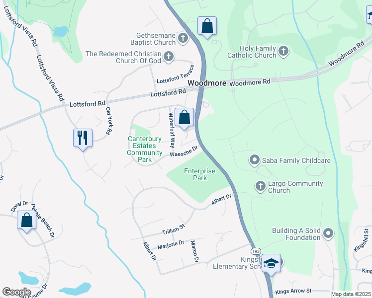 map of restaurants, bars, coffee shops, grocery stores, and more near 11407 Waesche Drive in Bowie