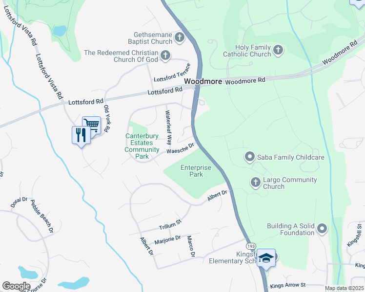 map of restaurants, bars, coffee shops, grocery stores, and more near 11407 Waesche Drive in Bowie
