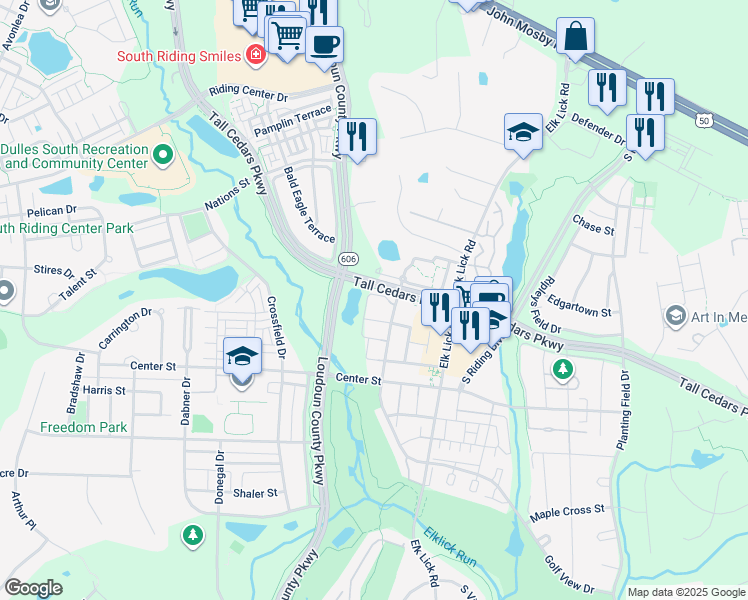 map of restaurants, bars, coffee shops, grocery stores, and more near 25326 Ashbury Drive in Chantilly