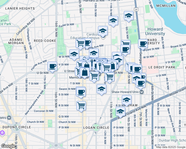 map of restaurants, bars, coffee shops, grocery stores, and more near 1310 U Street Northwest in Washington