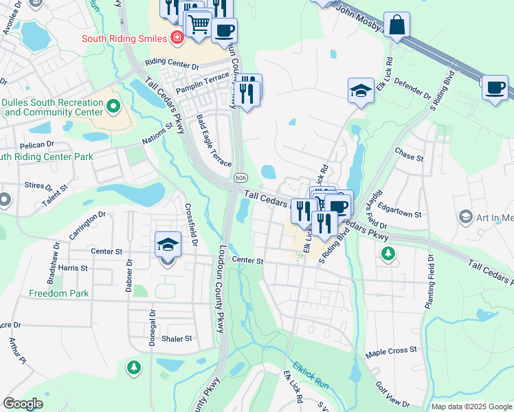 map of restaurants, bars, coffee shops, grocery stores, and more near 25328 Ashbury Drive in Chantilly