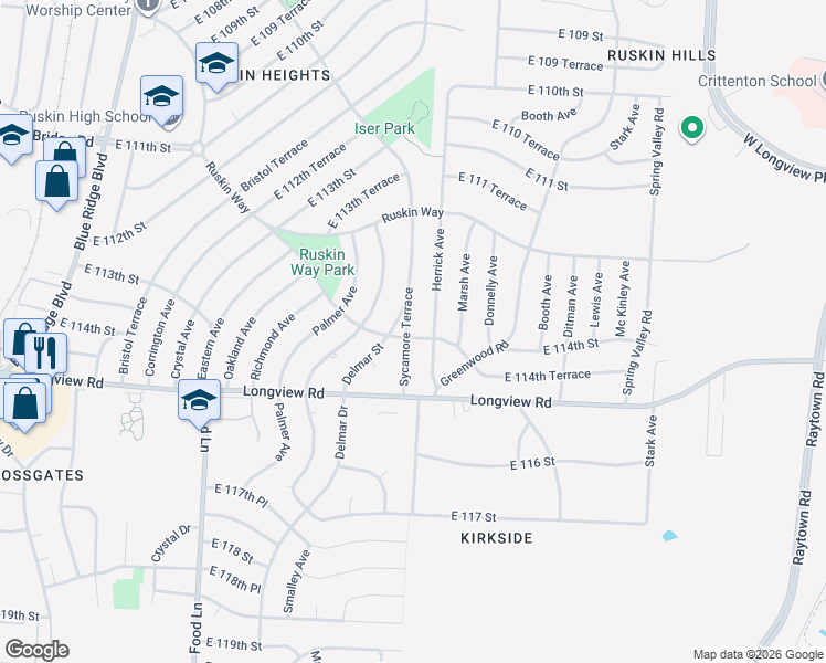 map of restaurants, bars, coffee shops, grocery stores, and more near 11367 Sycamore Terrace in Kansas City