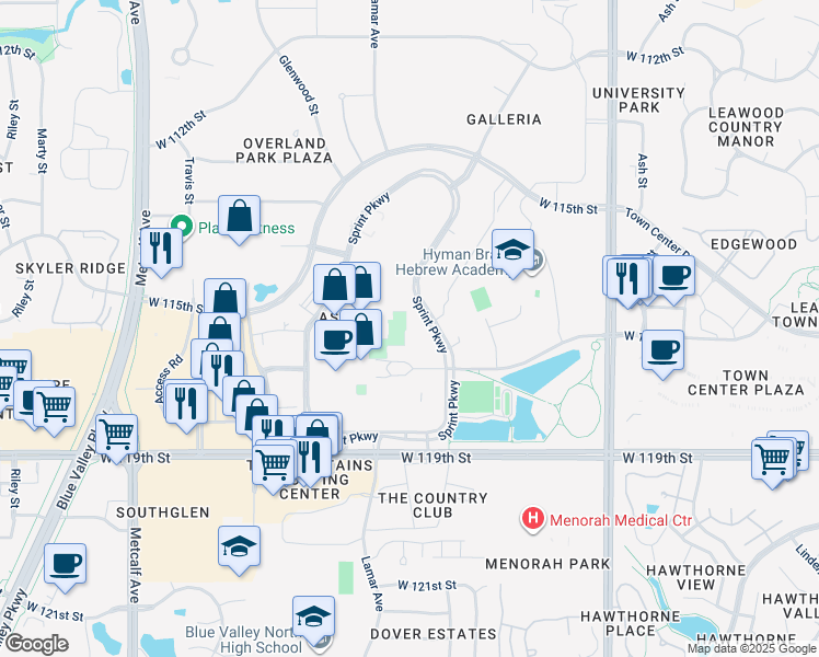 map of restaurants, bars, coffee shops, grocery stores, and more near 6130 Sprint Parkway in Overland Park