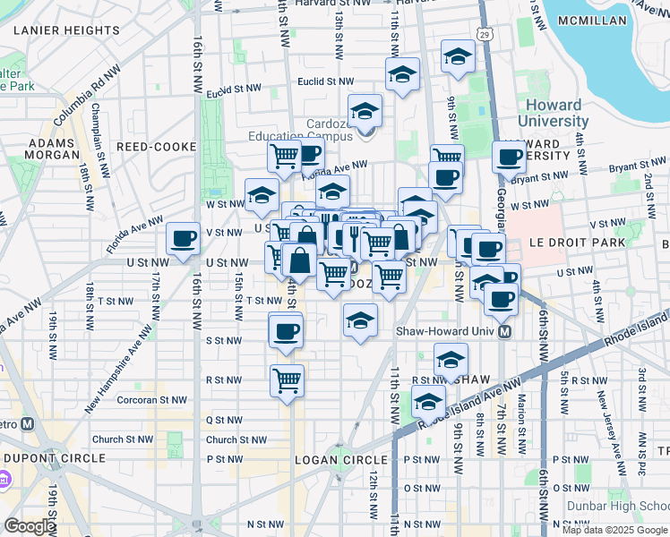 map of restaurants, bars, coffee shops, grocery stores, and more near 1306 U Street Northwest in Washington