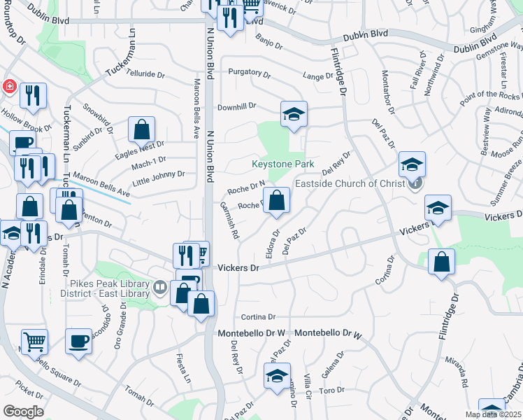 map of restaurants, bars, coffee shops, grocery stores, and more near 2990 Roche Drive South in Colorado Springs