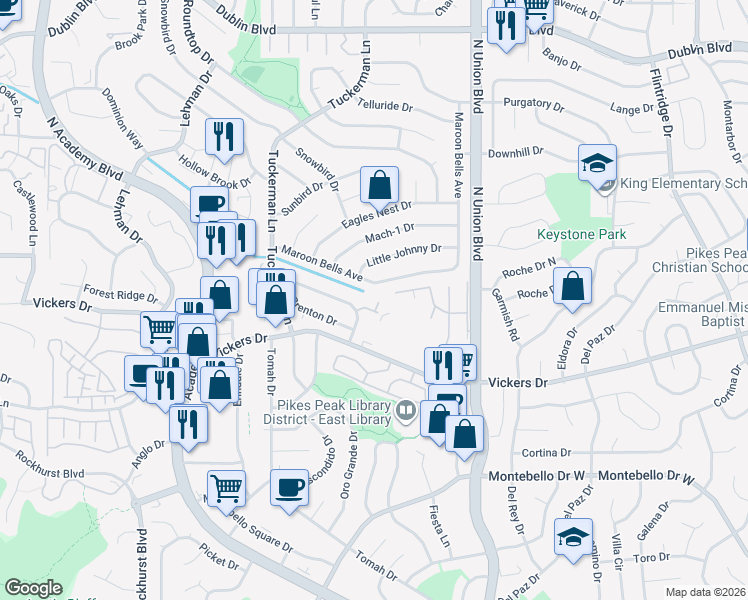 map of restaurants, bars, coffee shops, grocery stores, and more near 2630 Maroon Bells Avenue in Colorado Springs