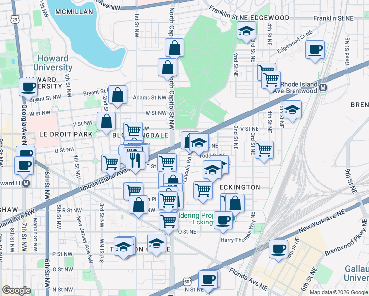 map of restaurants, bars, coffee shops, grocery stores, and more near 101 Independence Avenue Southeast in Washington