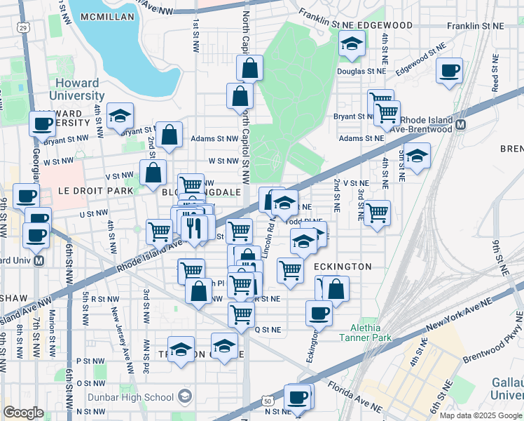 map of restaurants, bars, coffee shops, grocery stores, and more near 101 Independence Avenue Southeast in Washington