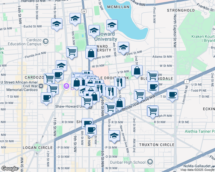 map of restaurants, bars, coffee shops, grocery stores, and more near 101 Independence Avenue Southeast in Washington