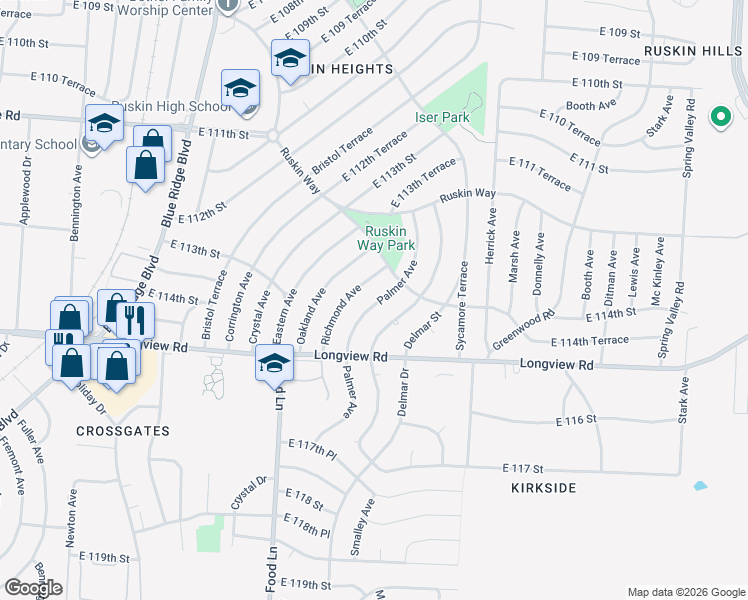 map of restaurants, bars, coffee shops, grocery stores, and more near 11407 Richmond Avenue in Kansas City