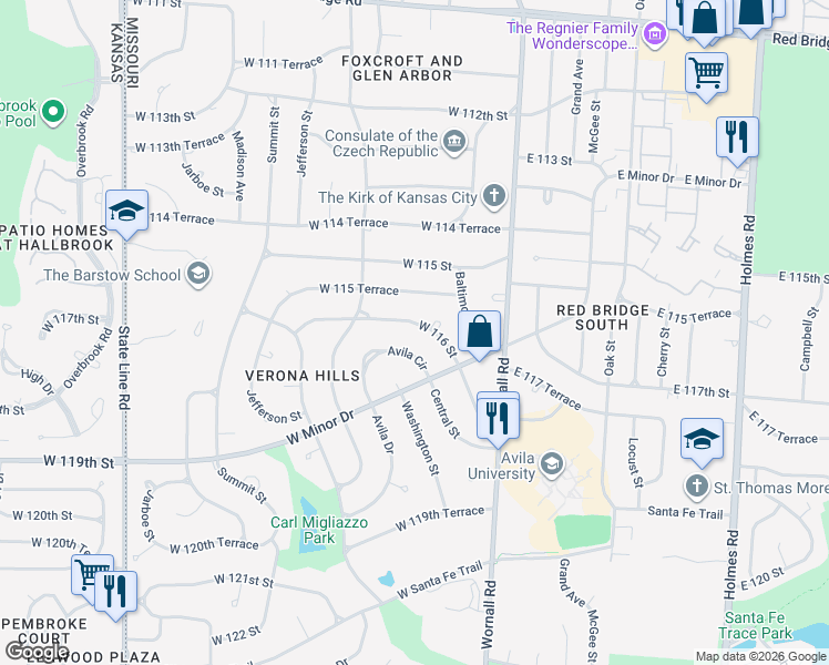 map of restaurants, bars, coffee shops, grocery stores, and more near 316 West 116 Street in Kansas City
