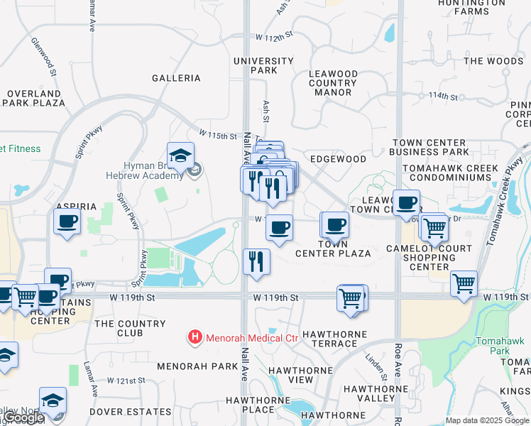 map of restaurants, bars, coffee shops, grocery stores, and more near 11610 Ash Street in Leawood