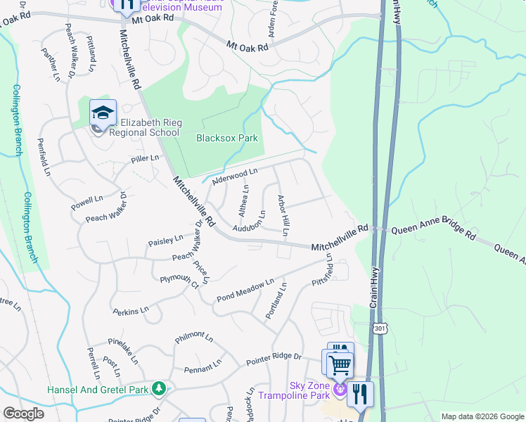 map of restaurants, bars, coffee shops, grocery stores, and more near 16205 Audubon Lane in Bowie