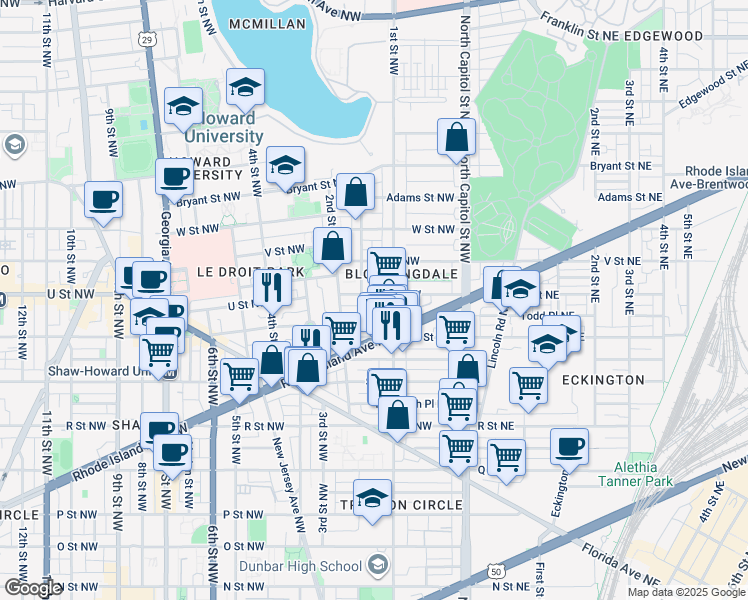 map of restaurants, bars, coffee shops, grocery stores, and more near 120 U Street Northwest in Washington