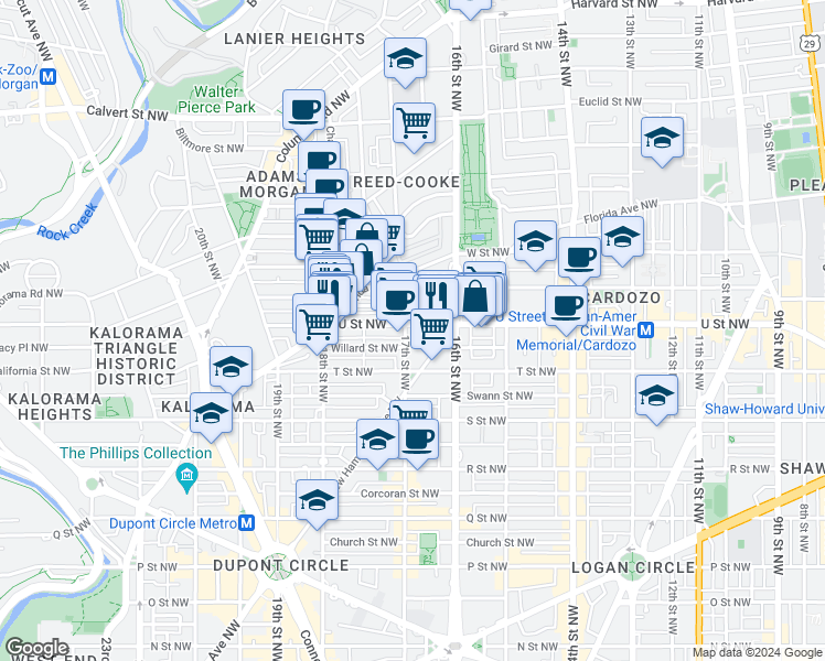 map of restaurants, bars, coffee shops, grocery stores, and more near 1939 17th Street Northwest in Washington