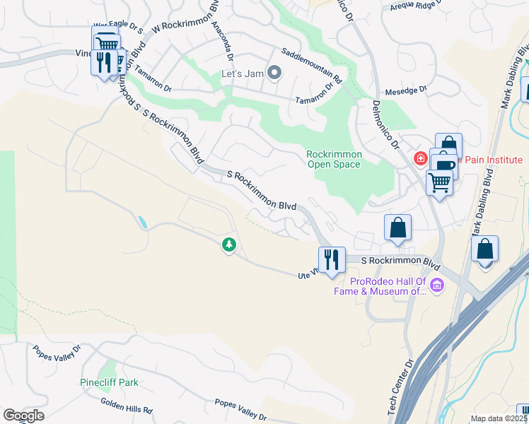 map of restaurants, bars, coffee shops, grocery stores, and more near 5750 Pale Rock Terrace in Colorado Springs