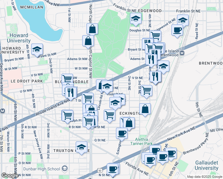 map of restaurants, bars, coffee shops, grocery stores, and more near 113 U Street Northeast in Washington