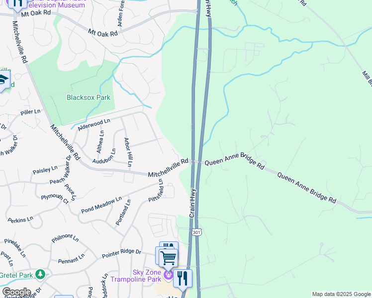 map of restaurants, bars, coffee shops, grocery stores, and more near Crain Highway in Bowie