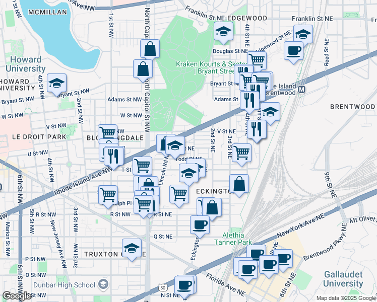 map of restaurants, bars, coffee shops, grocery stores, and more near 129 U Street Northeast in Washington