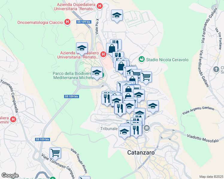 map of restaurants, bars, coffee shops, grocery stores, and more near 1 Via Cortese Vinicio in Catanzaro