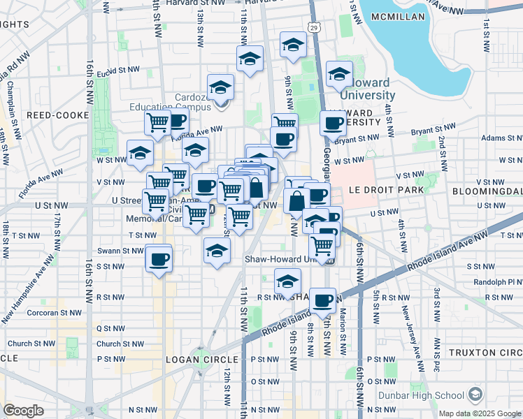 map of restaurants, bars, coffee shops, grocery stores, and more near 990 U Street Northwest in Washington