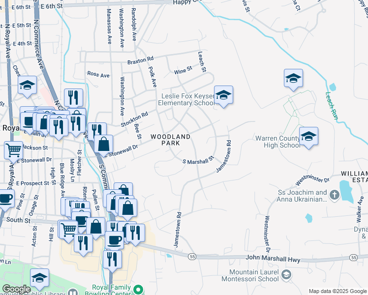 map of restaurants, bars, coffee shops, grocery stores, and more near 7 Woodlawn Avenue in Front Royal