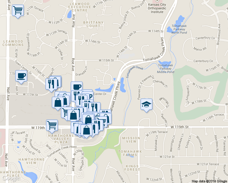 map of restaurants, bars, coffee shops, grocery stores, and more near 11625 Tomahawk Creek Parkway in Leawood