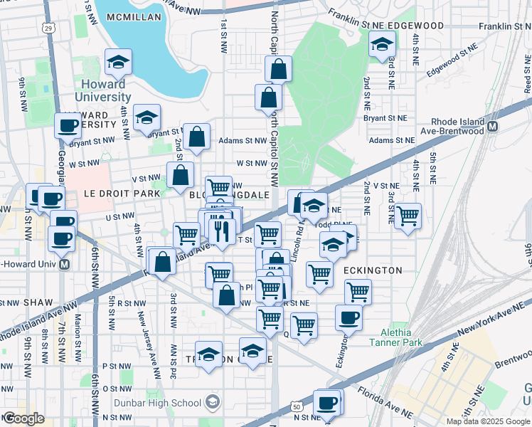 map of restaurants, bars, coffee shops, grocery stores, and more near 101 Independence Avenue Southeast in Washington