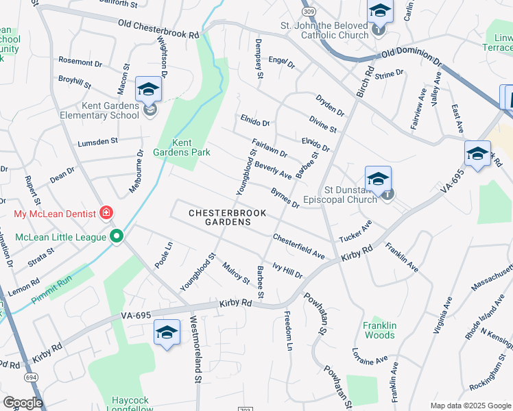 map of restaurants, bars, coffee shops, grocery stores, and more near 6540 Tucker Avenue in McLean
