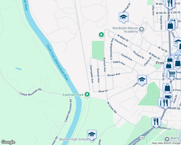 map of restaurants, bars, coffee shops, grocery stores, and more near 370 Cherrydale Avenue in Front Royal