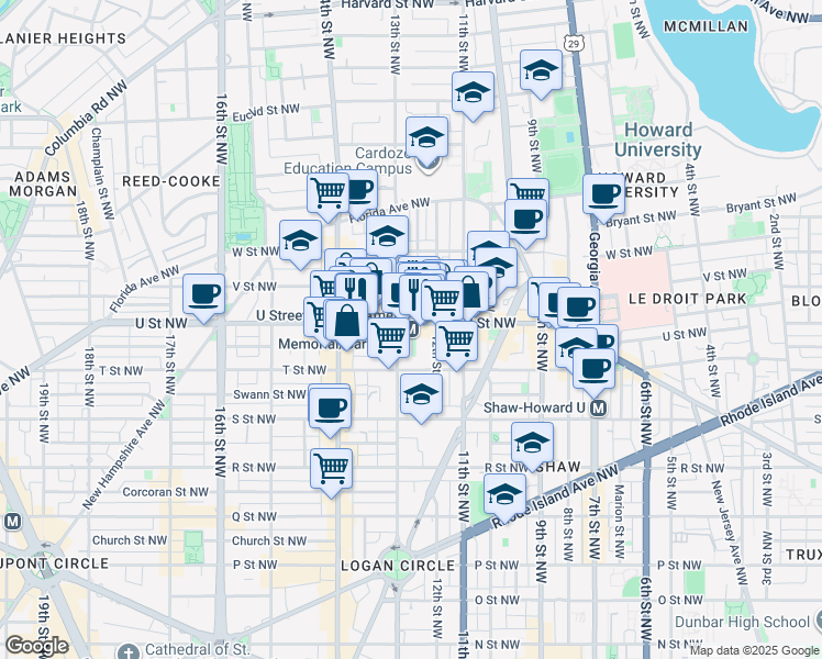 map of restaurants, bars, coffee shops, grocery stores, and more near 1240 U Street Northwest in Washington
