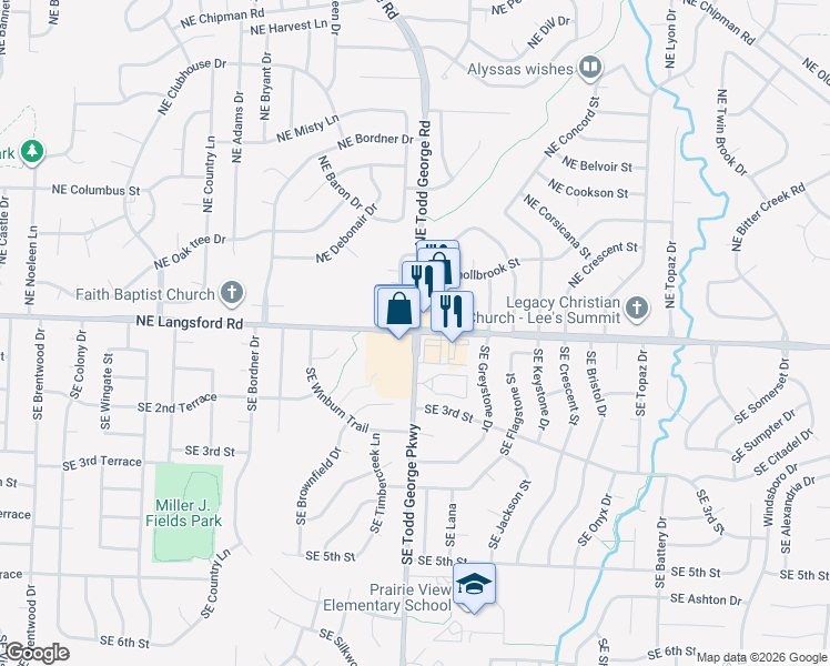 map of restaurants, bars, coffee shops, grocery stores, and more near E Langsford Rd & SE Todd George Pkwy in Lee's Summit