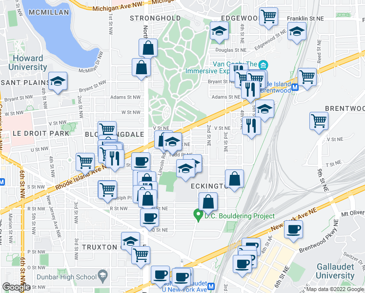 map of restaurants, bars, coffee shops, grocery stores, and more near 121 U Street Northeast in Washington