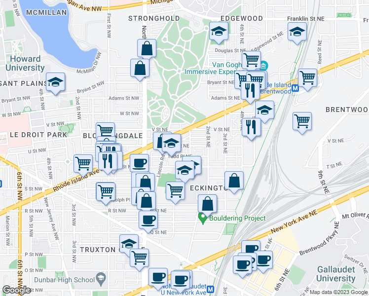map of restaurants, bars, coffee shops, grocery stores, and more near 129 U Street Northeast in Washington