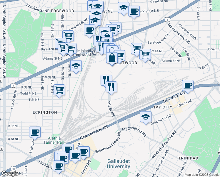 map of restaurants, bars, coffee shops, grocery stores, and more near in Washington