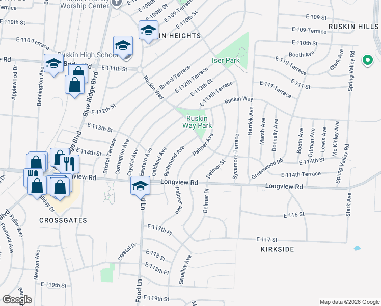 map of restaurants, bars, coffee shops, grocery stores, and more near 11407 Richmond Avenue in Kansas City