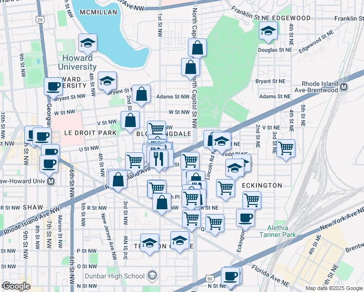 map of restaurants, bars, coffee shops, grocery stores, and more near 34 U Street Northwest in Washington