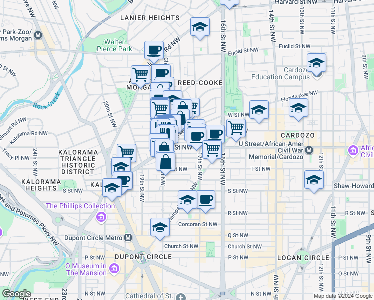 map of restaurants, bars, coffee shops, grocery stores, and more near 1740 U Street Northwest in Washington