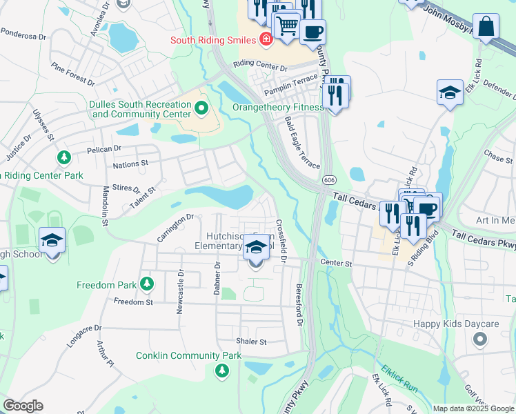 map of restaurants, bars, coffee shops, grocery stores, and more near 25329 Eldridge Terrace in Chantilly
